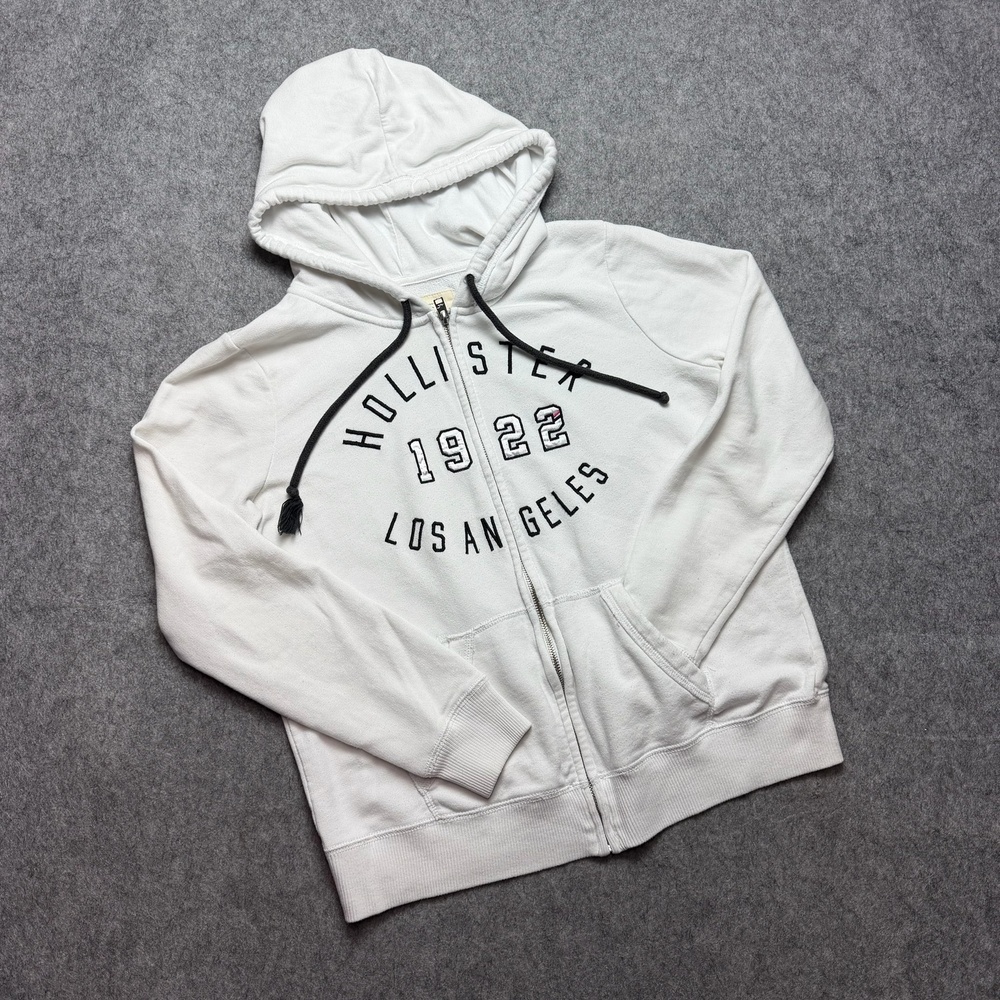 Hollister Y2K Vintage Hoodie Mens Large White LA Zip Fleece Embroidered Logo